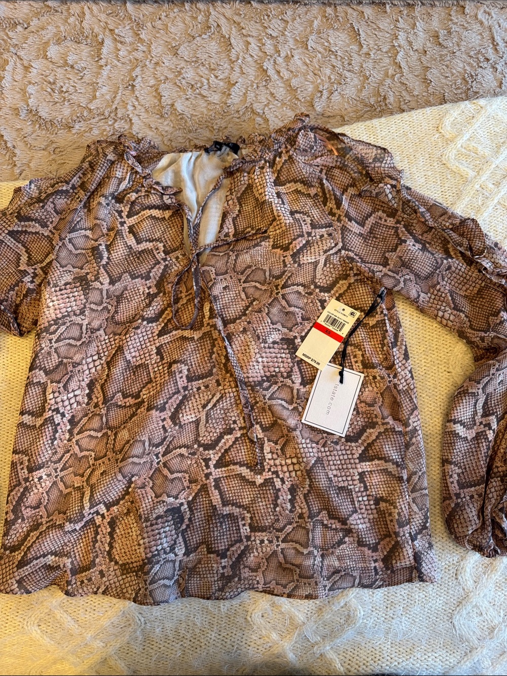 Sheer Snake-Print Peasant Top in Pink & Brown